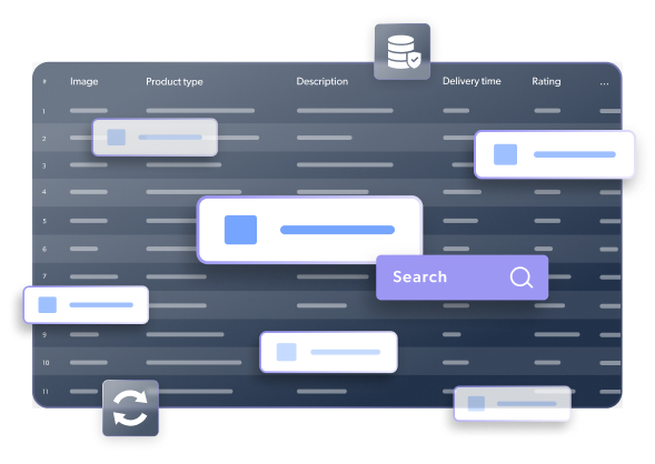 Search interface with filters and floating UI elements.