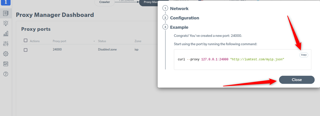 Proxy Manager Dashboard with proxy port and usage example.