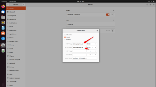 Network settings with proxy configuration window open.